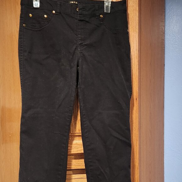 IMAN Women's Gold Buttons Pants Size M Solid Black Straight Leg Stretch Jeans - Picture 4 of 9